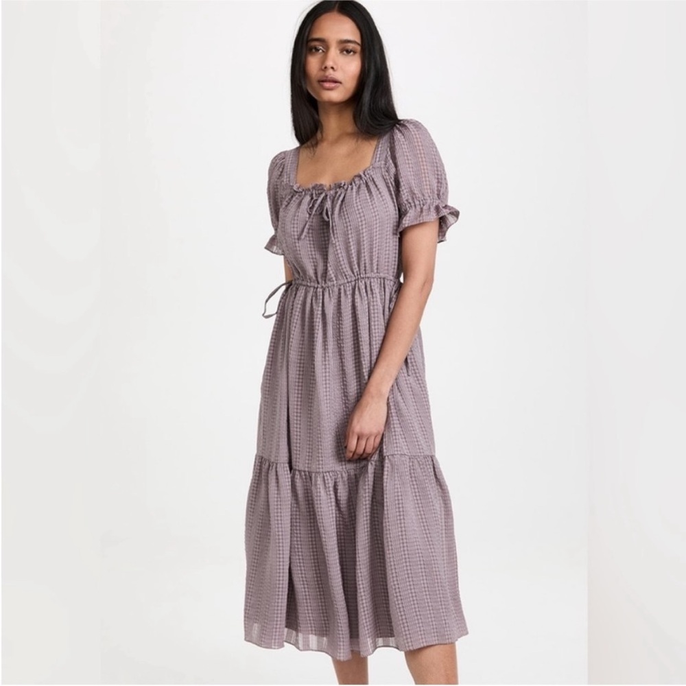 Madewell Square-Neck Tiered Midi Dress in Textured Seersucker in Fig Size Large